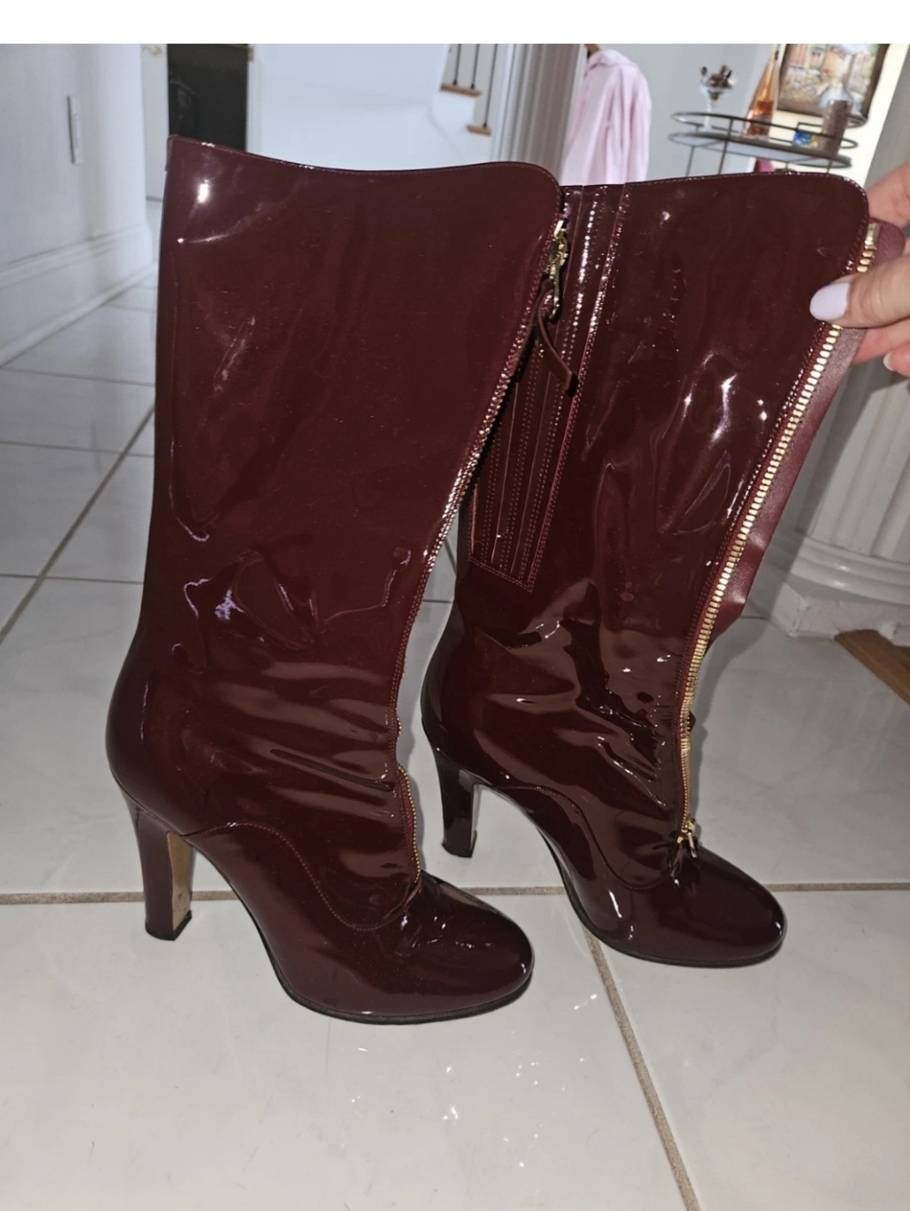 Valentino Garavani Patent Leather Mid-Calf High-Heel Boots - Burgundy. Sz 38.5